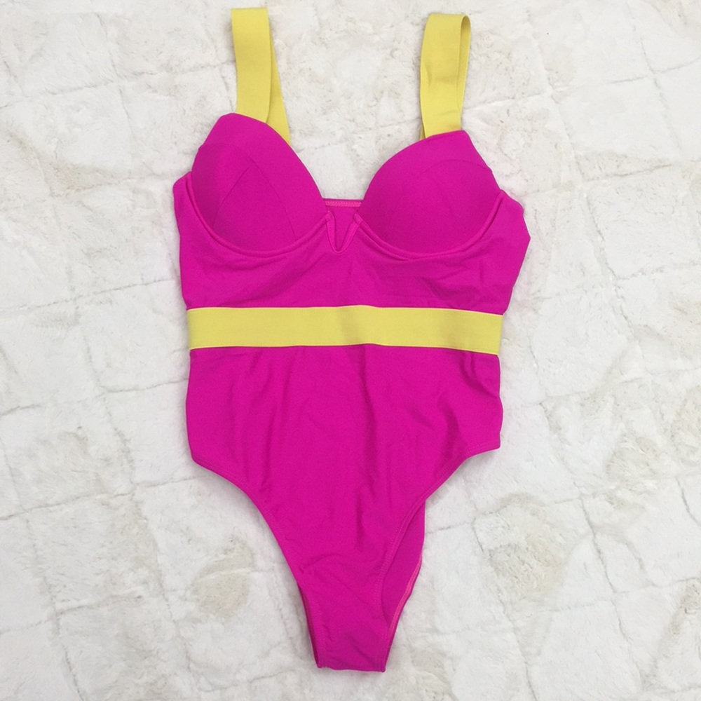 Neon Pink & Lime Accent One-Piece Swimsuit - Picture 2 of 5